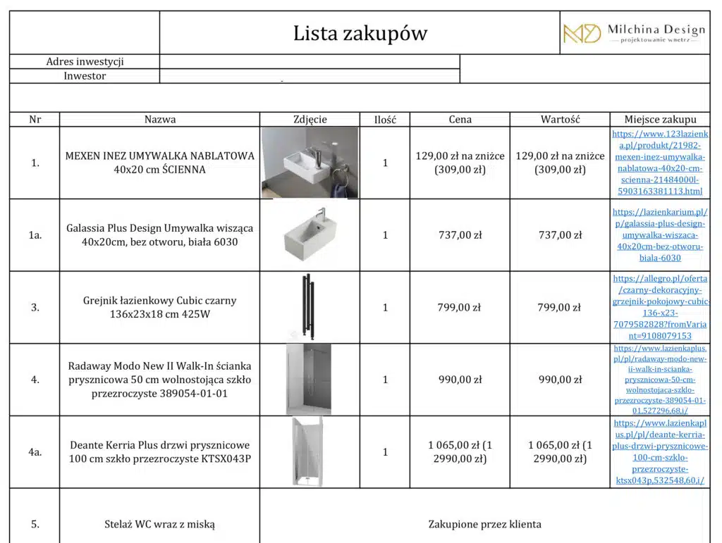 Zestawienie materiałów do projektu wnętrz