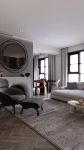 PROJEKTY 19 Projekt nowoczesnego salonu z małą kuchnią