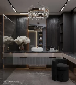 PROJEKTY 7 Ciemna łazienka z kryształowym żyrandolem