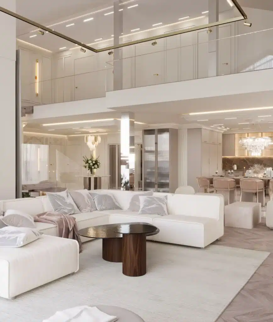 Salon z antresolą w domu jednorodzinnym