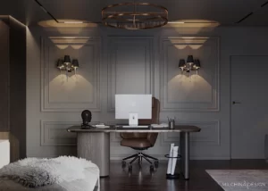 PROJEKTY 6 Eleganckie biurko w ciemnym męskim gabinecie