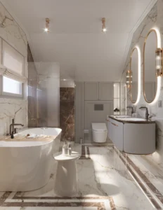 PROJEKTY 5 projekt eleganckiej łazienki w Jarosławie z wanną, zabudową stolarską i złotymi detalami