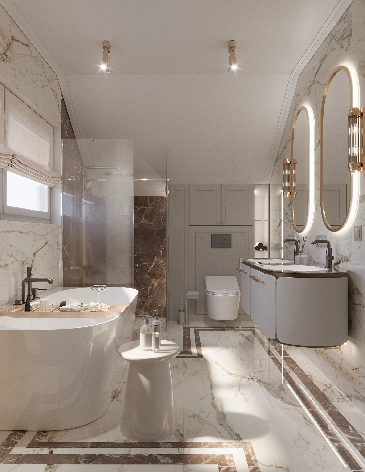 PROJEKTY 5 projekt eleganckiej łazienki w Jarosławie z wanną, zabudową stolarską i złotymi detalami