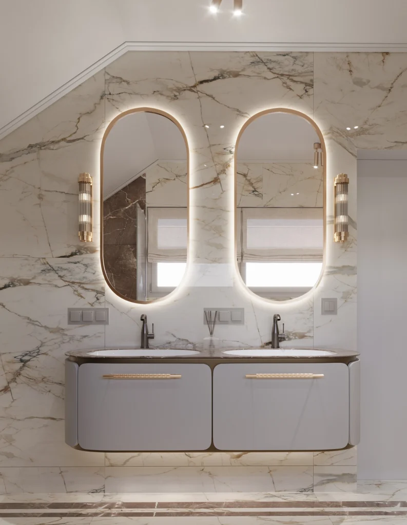 projekt eleganckiej łazienki w Jarosławie z wanną, zabudową stolarską i złotymi detalami