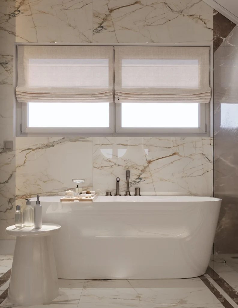 projekt eleganckiej łazienki w Jarosławie z wanną, zabudową stolarską i złotymi detalami