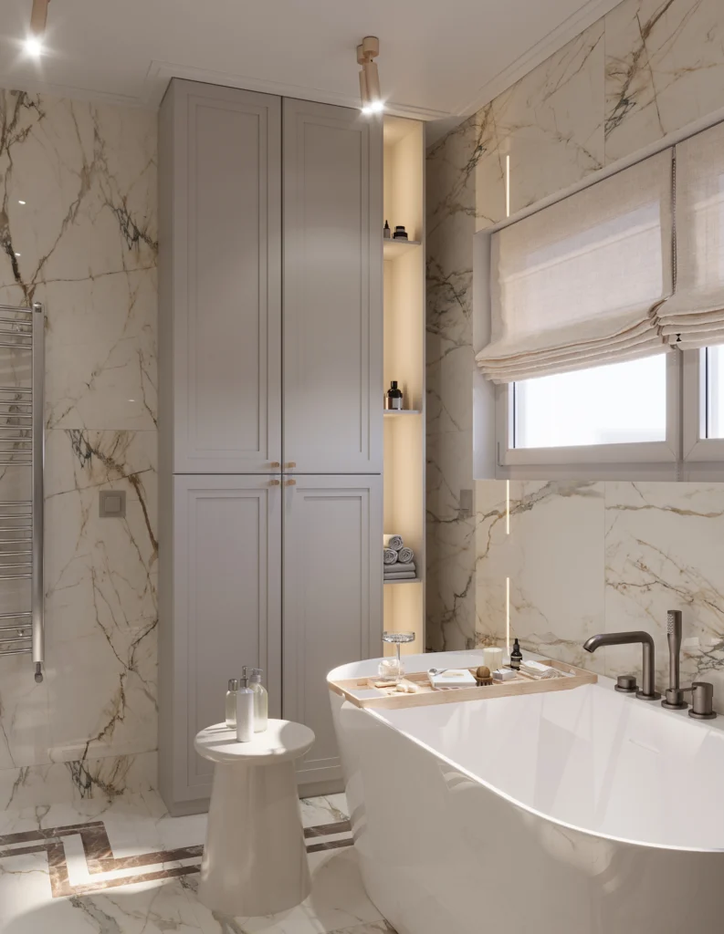 projekt eleganckiej łazienki w Jarosławie z wanną, zabudową stolarską i złotymi detalami