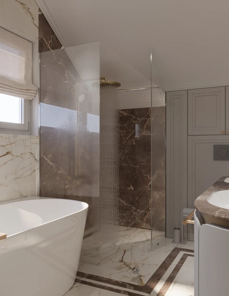 projekt eleganckiej łazienki w Jarosławie z wanną, zabudową stolarską i złotymi detalami