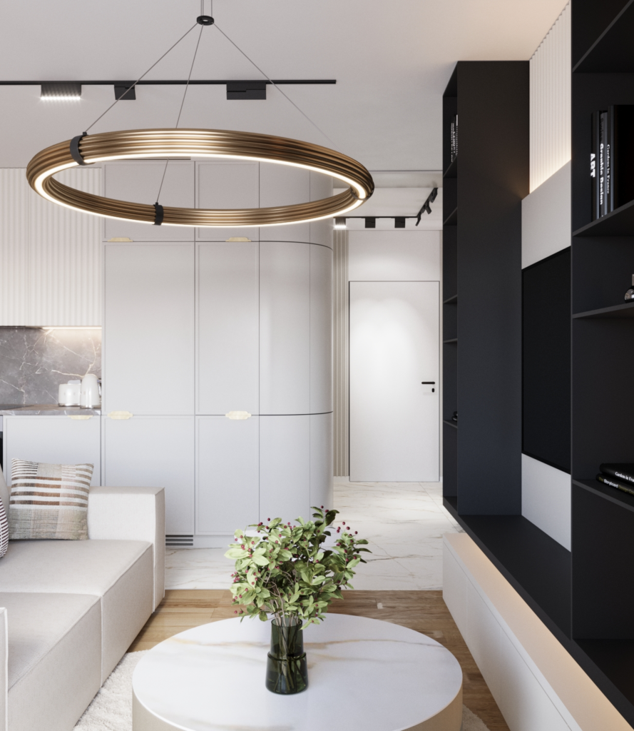 Projekt wnętrz domu nowoczesny salon z czarną zabudową RTV podświetlanymi półkami LED i designerską lampą sufitową