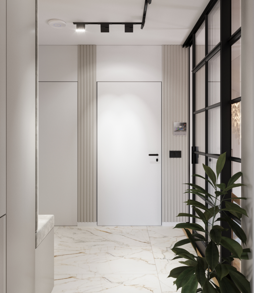 Projekt wnętrz domu przestronny korytarz z wbudowaną szafą i dekoracyjnym oświetleniem sufitowym