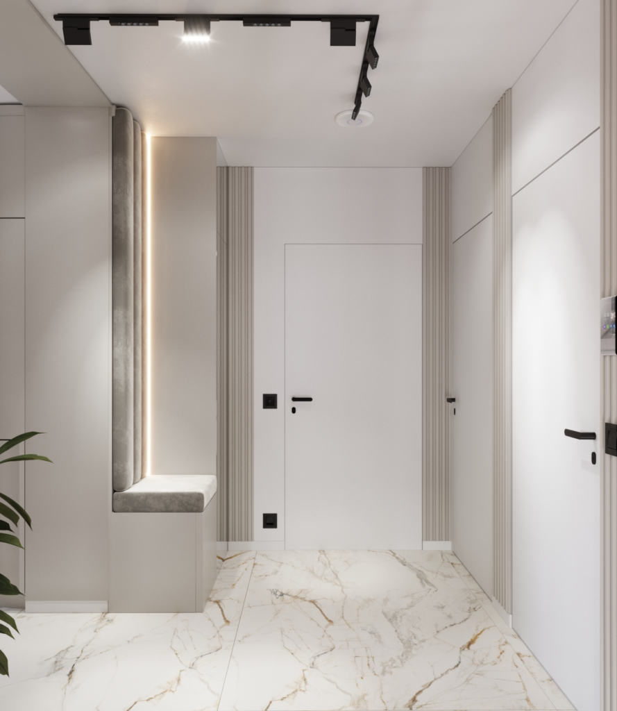 Projekt wnętrz domu przestronny korytarz z wbudowaną szafą i dekoracyjnym oświetleniem sufitowym