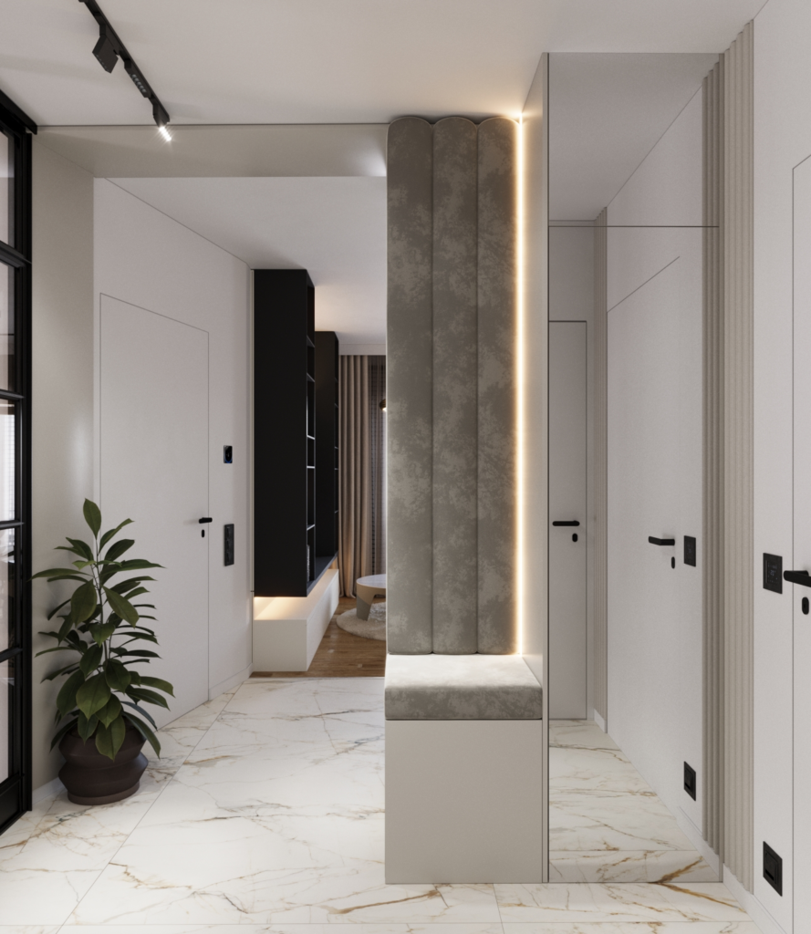 Projekt wnętrz domu przestronny korytarz z wbudowaną szafą i dekoracyjnym oświetleniem sufitowym