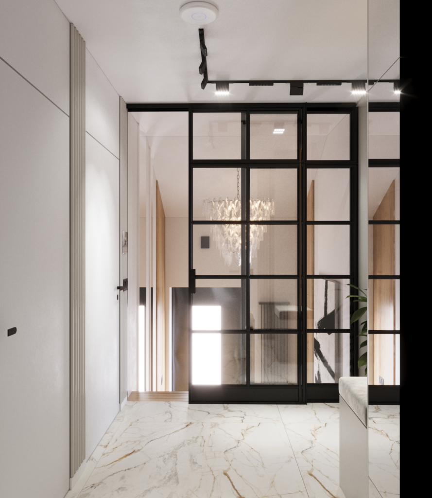 Projekt wnętrz domu nowoczesna klatka schodowa z drewnianymi stopniami i szklaną balustradą