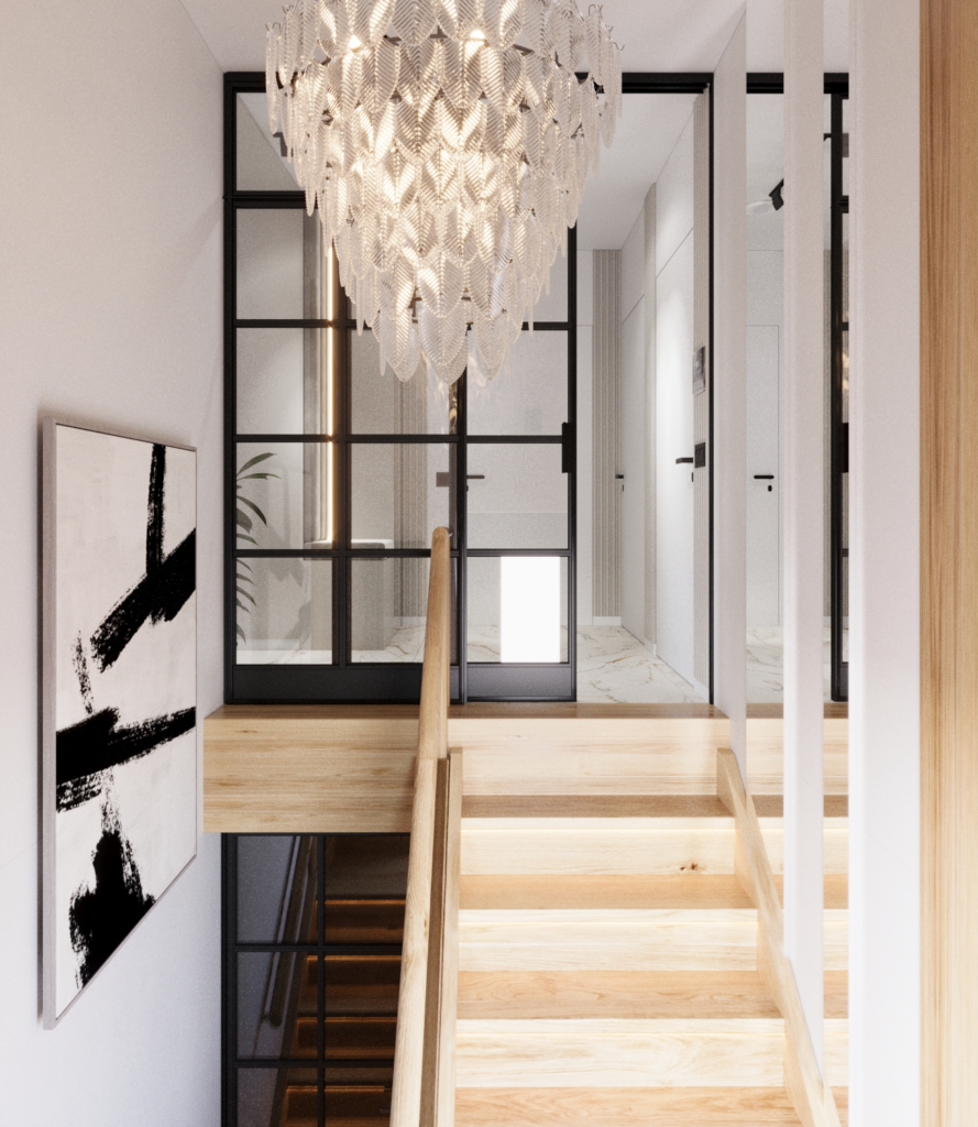 Projekt wnętrz domu nowoczesna klatka schodowa z drewnianymi stopniami i szklaną balustradą