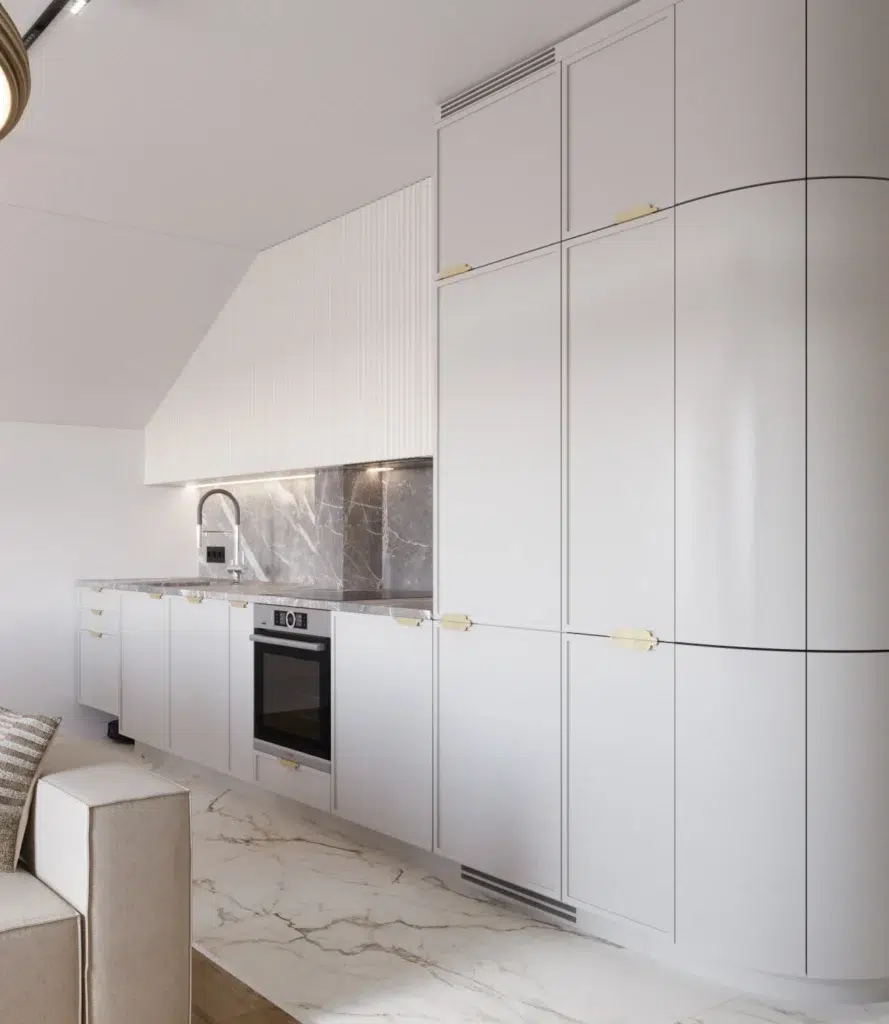Nowoczesna kuchnia w jasnych kolorach z marmurowym blatem i ryflowanymi frontami, minimalistyczny projekt wnętrz