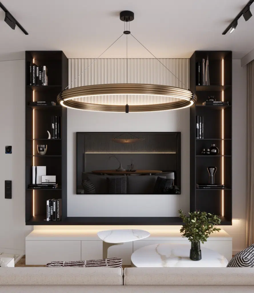 Projekt wnętrz domu nowoczesny salon z czarną zabudową RTV podświetlanymi półkami LED i designerską lampą sufitową
