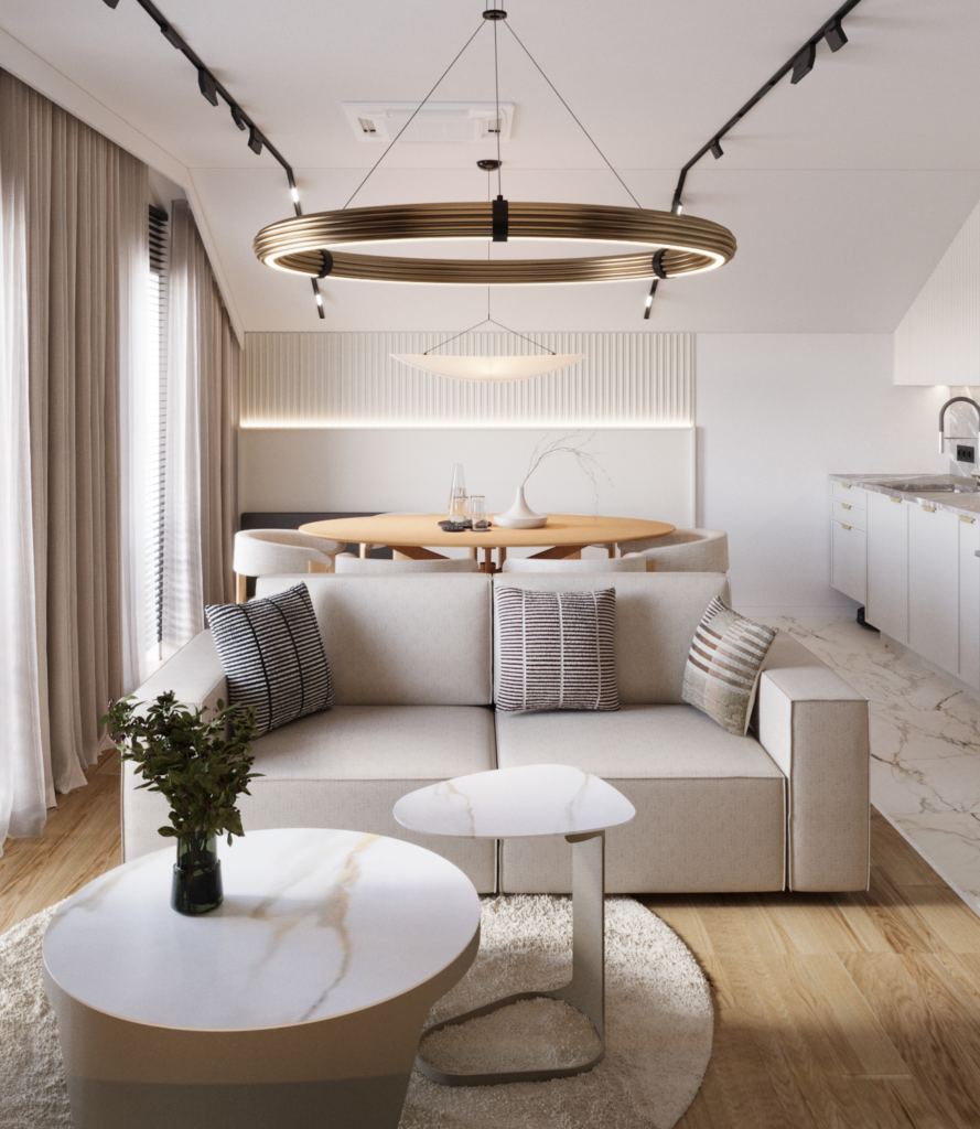 Projekt wnętrz domu nowoczesny salon z czarną zabudową RTV podświetlanymi półkami LED i designerską lampą sufitową